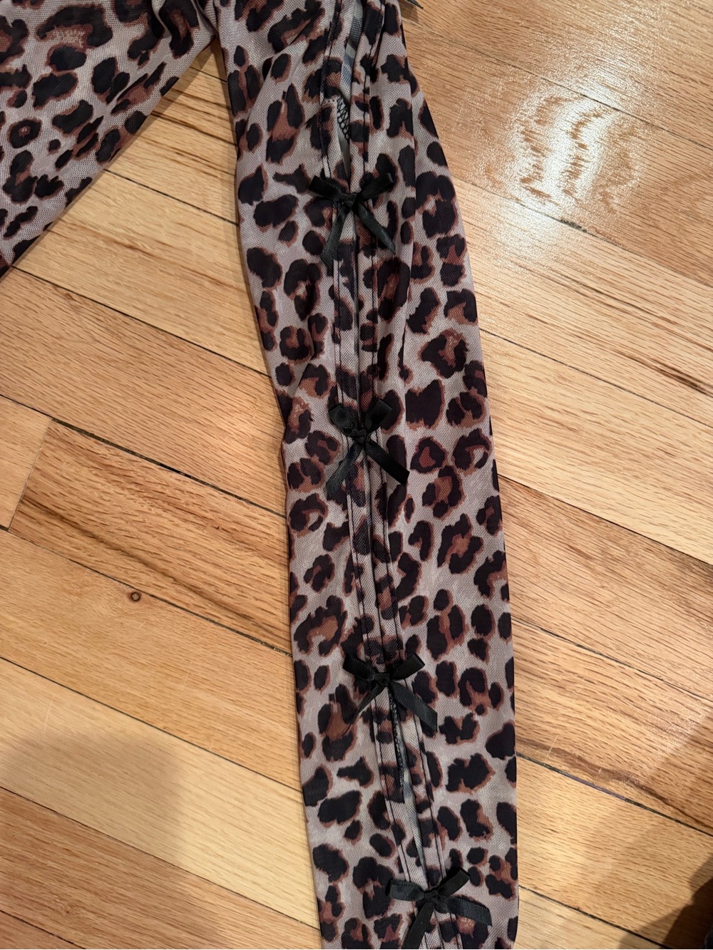 Leopard Print Long Sleeve See Through Mesh Top with Sleeve Bows - Picture 3 of 4